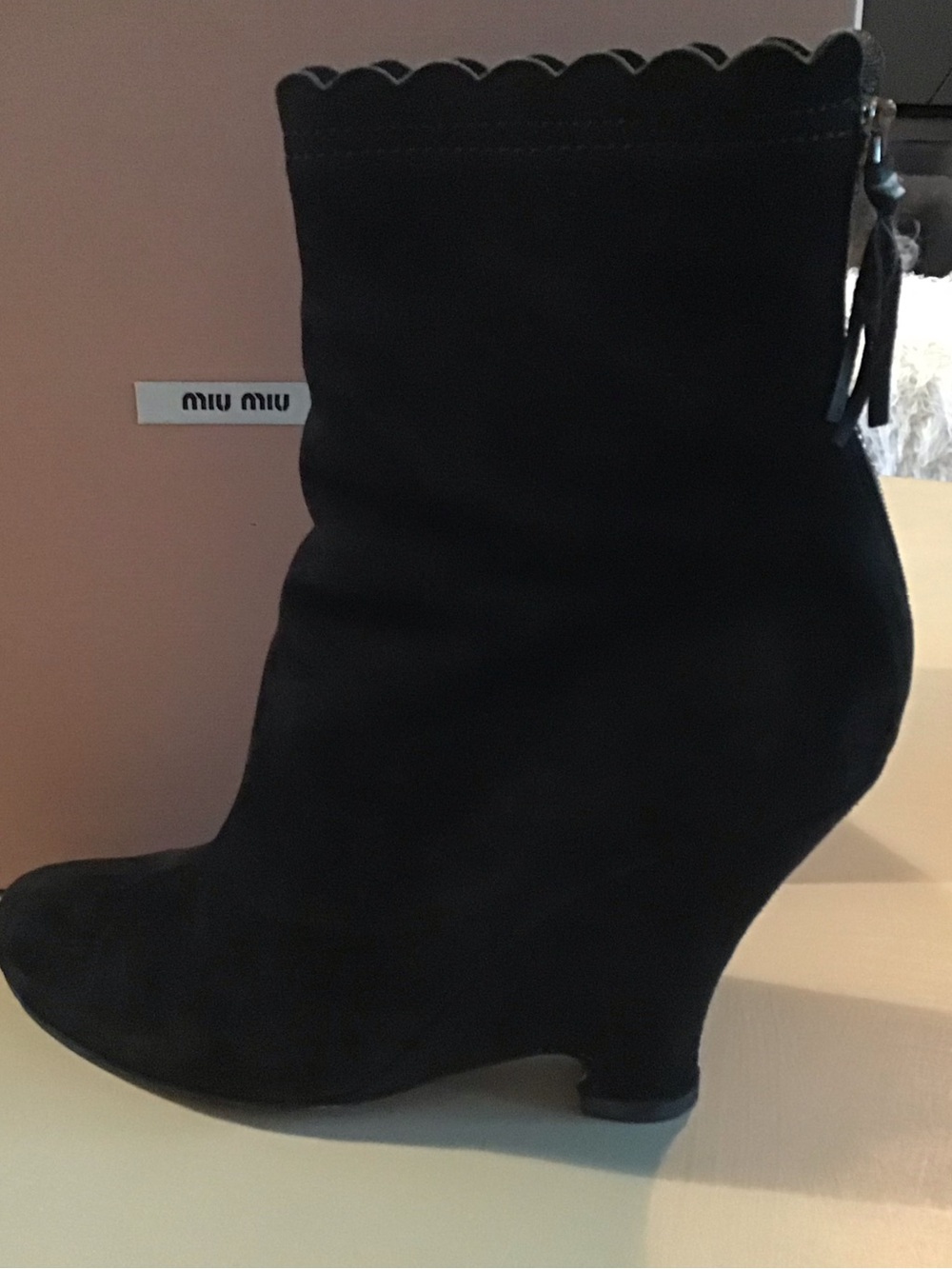 Miu Miu Black Suede Scalloped-Top Wedge Ankle Boots